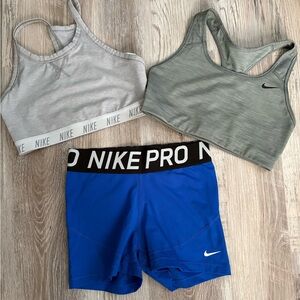Nike Light Grey & Olive Sports Bras with Blue Nike Pro Shorts